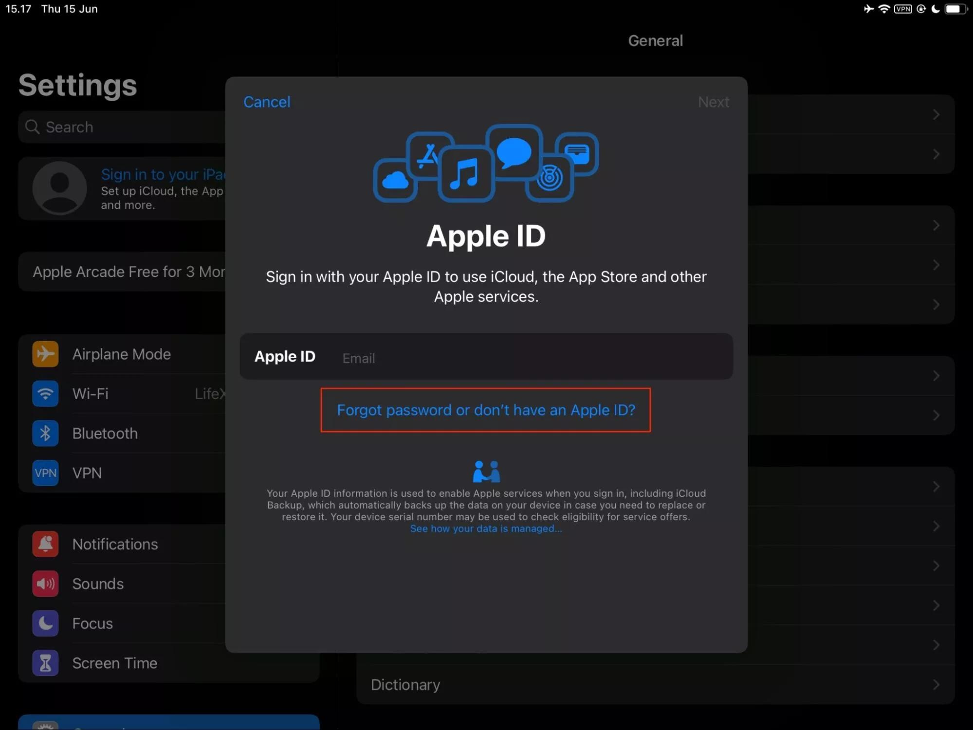 Apple ID window, tap on “Forgot password or don’t have an Apple ID”