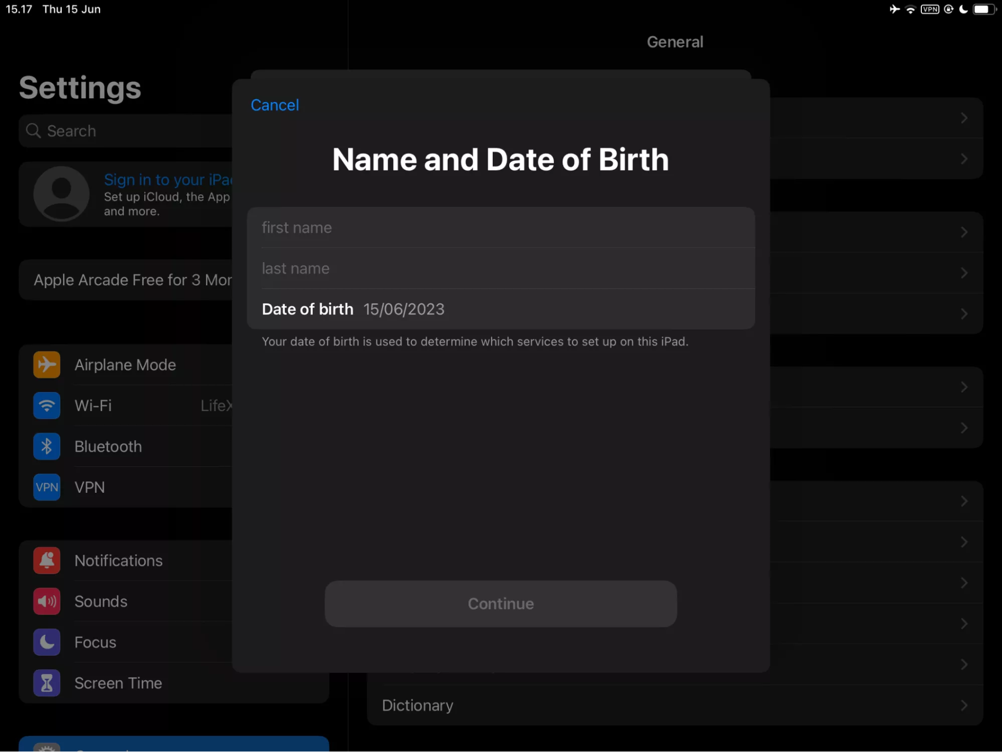 Enter your name and date of birth, then tap “Continue.”