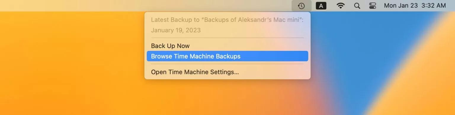 Launch Time Machine by clicking the Time Machine icon on the menu bar