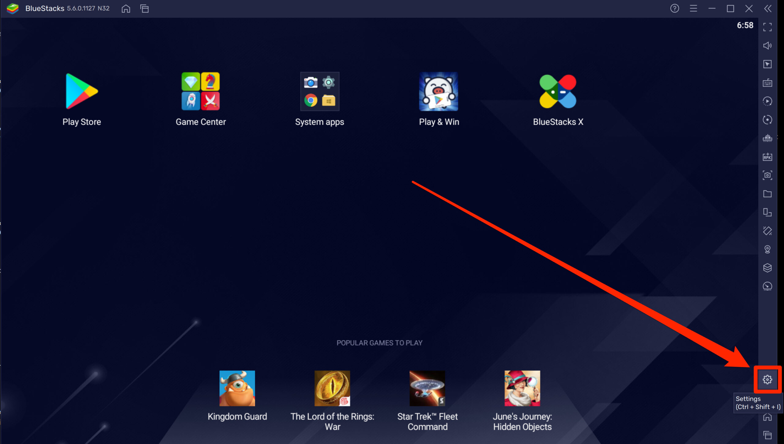 On the BlueStacks homepage, click the gear icon in the right-hand toolbar