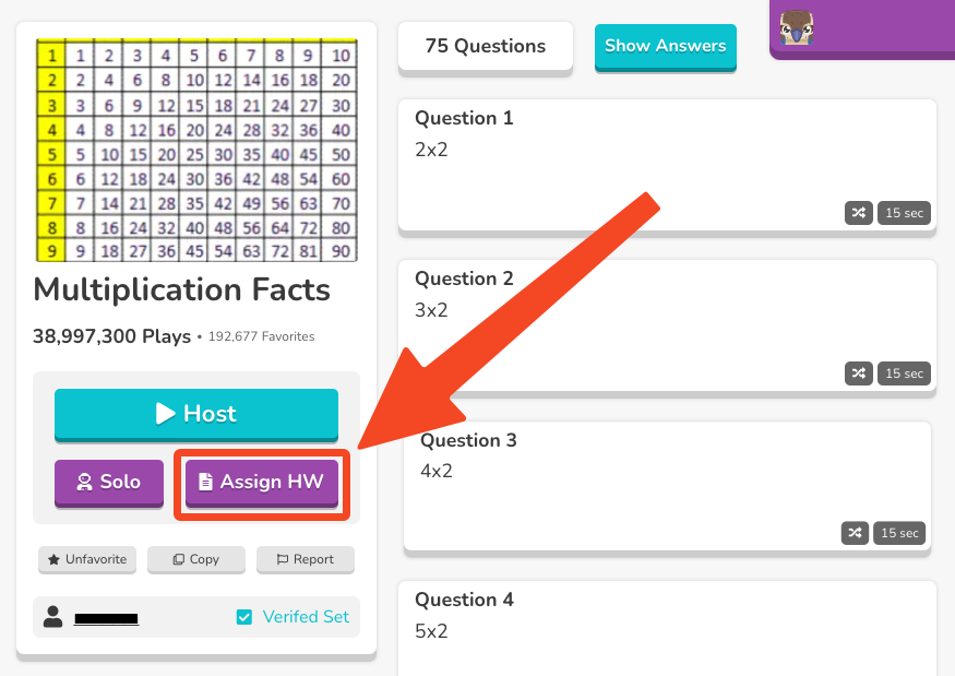 Assign Homework from Public Set Preview