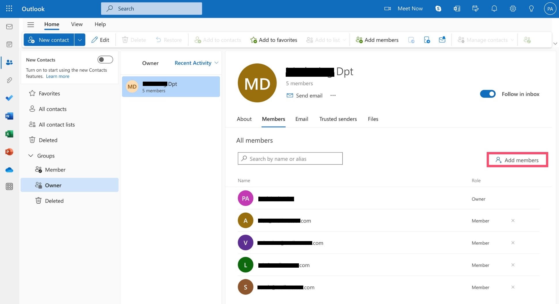 click Add members, enter their name or email address, and then click Add