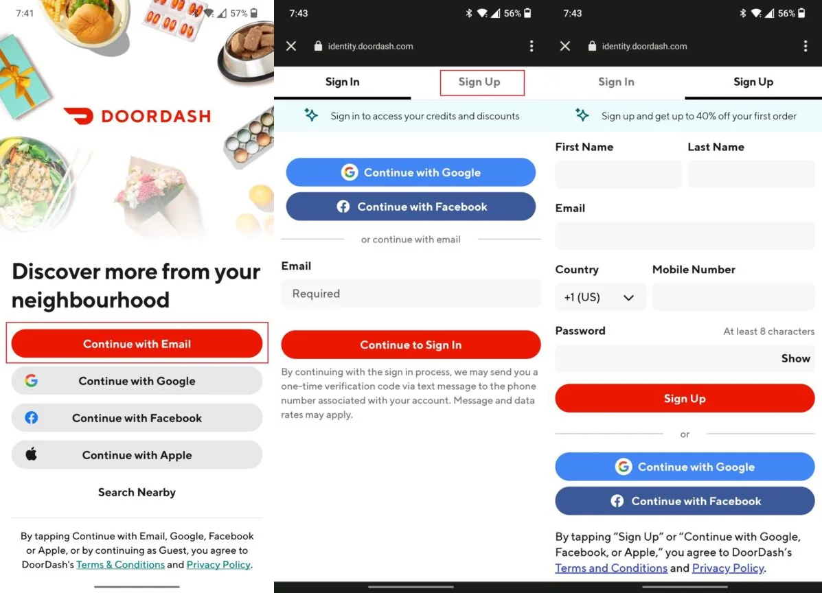 create an account on doordash