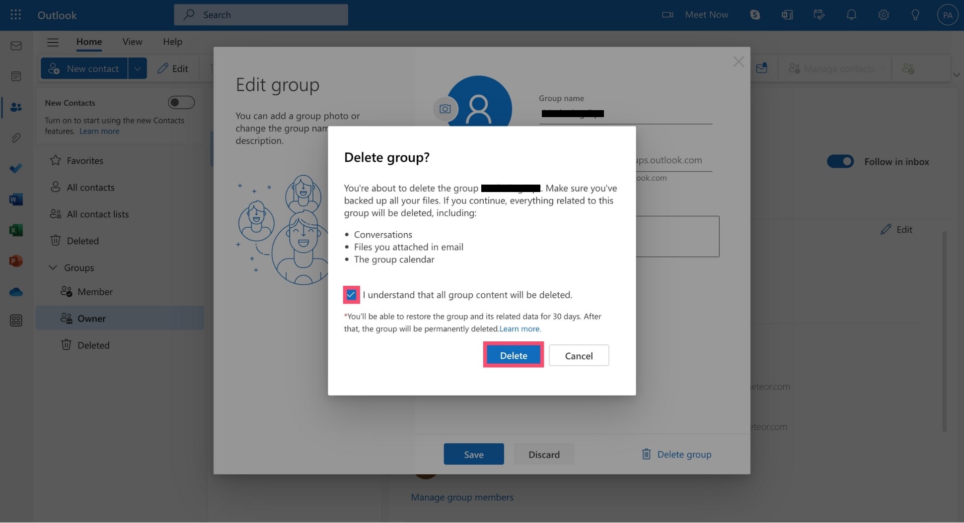 I understand that all group content will be deleted, and then click Delete