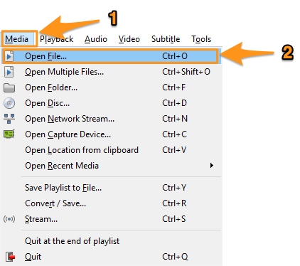 Screenshot of opening a video file in VLC Media Player (Windows)